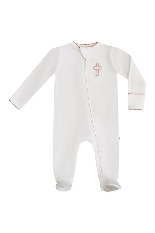 Pip Embroidered Zip Romper -Pink Cross
