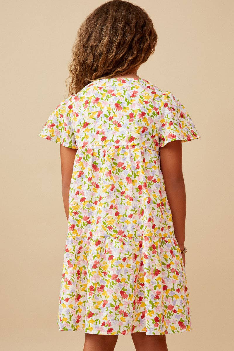 Girls Ditsy Floral V Neck Flutter Sleeve Dress: Off White