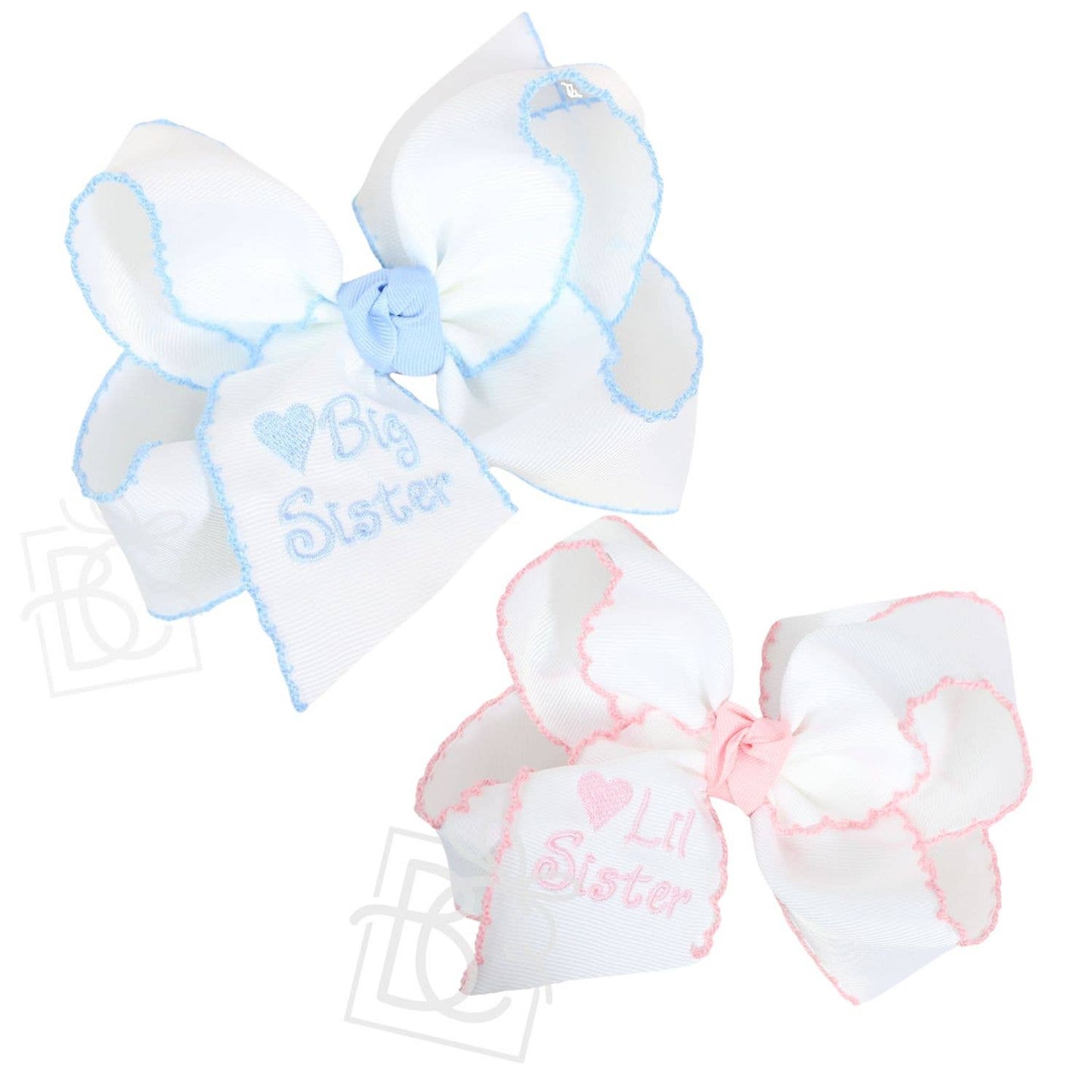 Embroidered Big Sister & Lil Sister Crochet Edge Bow: White w/ Pink Crochet Edge / 5.5" Huge / Big Sister