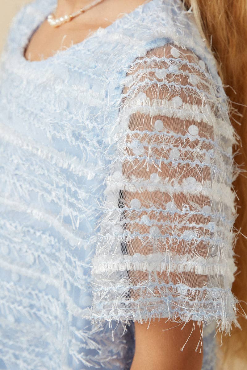 Girls Feathered Mesh And Dot Shift Dress: Blue