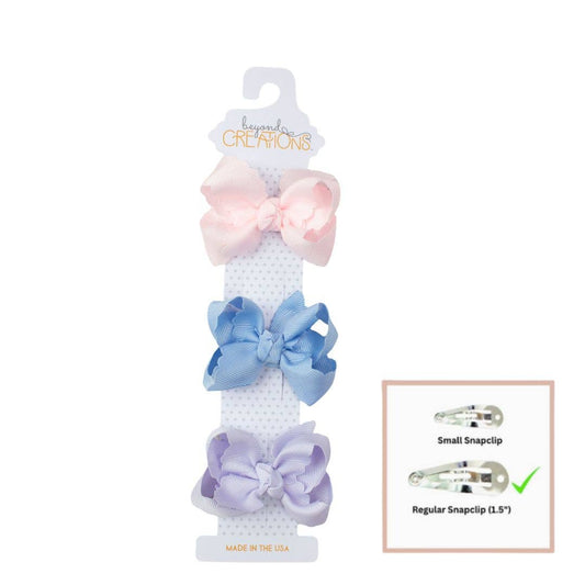 3 PACK - 3" SMALL SCALLOPED EDGE BOW ON SNAP CLIP: Powder Pack - Powder Pink; Powder Blue; Powder Orchid