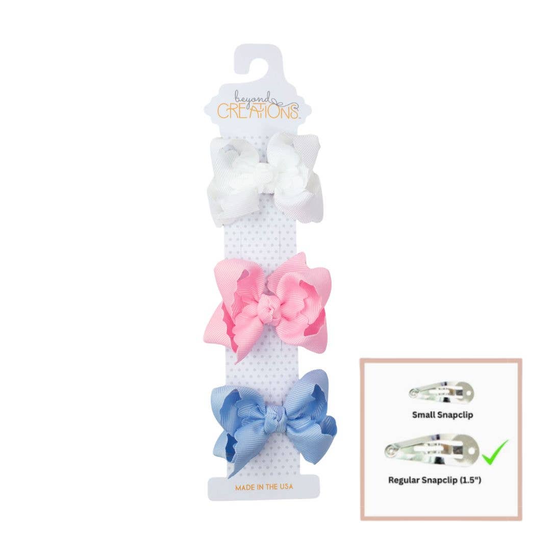 3 PACK - 3" SMALL SCALLOPED EDGE BOW ON SNAP CLIP: Powder Pack - Powder Pink; Powder Blue; Powder Orchid