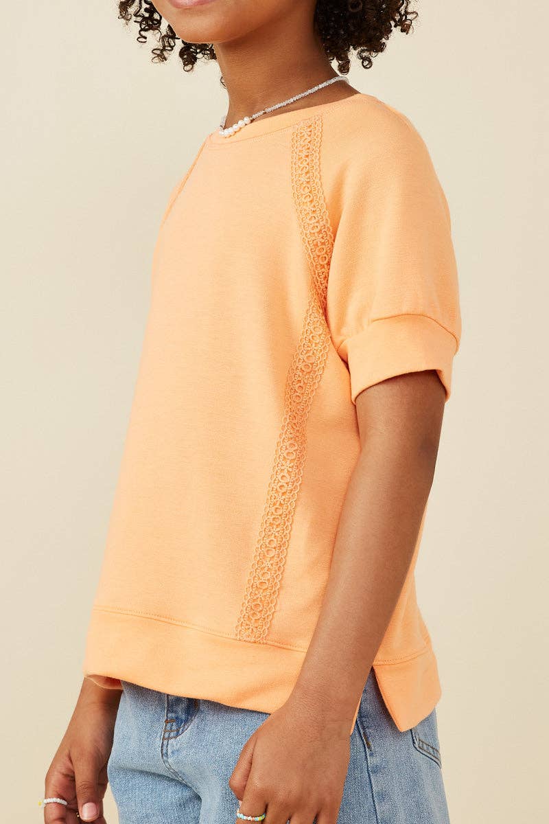 Girls Crochet Lace Trimmed French Terry Raglan Top: Peach