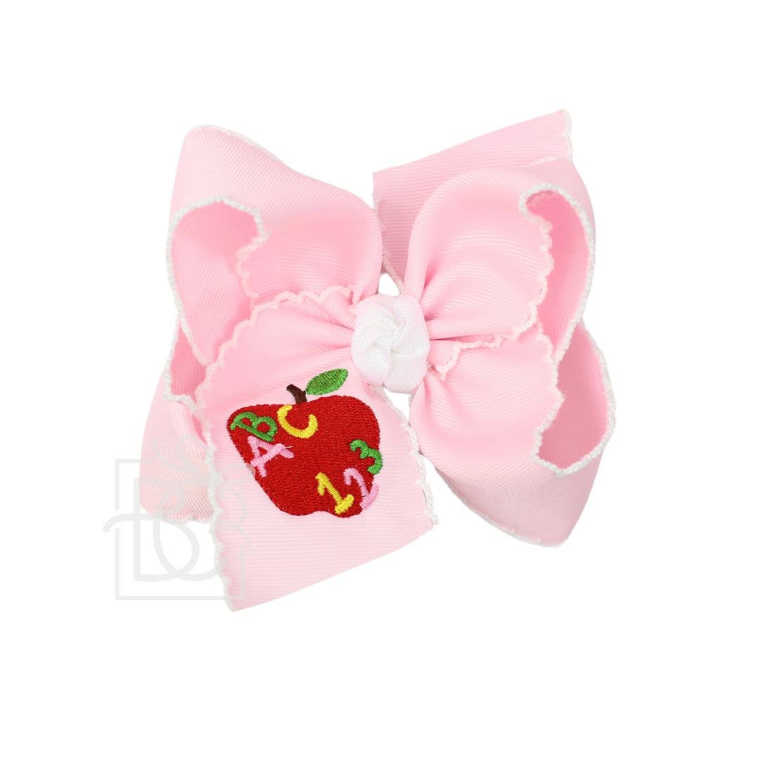 Embroidered Apple 'ABC 123'  on Crochet Edge Bow: 5.5" Huge
