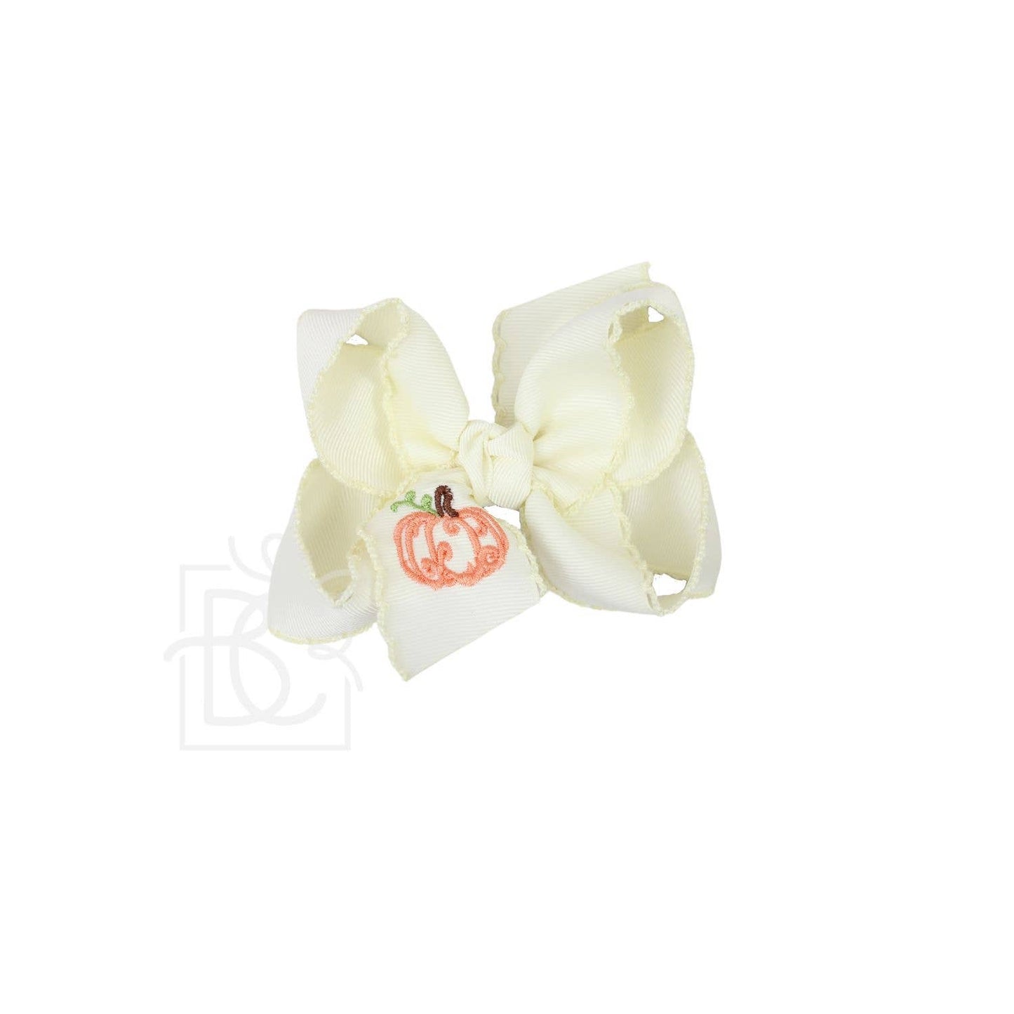 Embroidered Pumpkin Crochet Edge Bow: White-Light Pink Crochet Edge w/ Embroidered Pumpkin / 4.5" Large - 1.5" Crochet Edge Grosgrain Ribbon