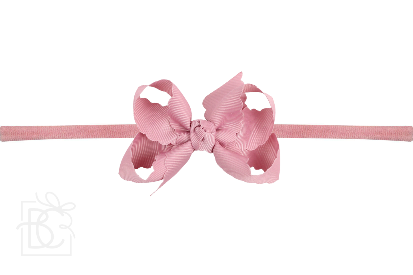 1/4" Nylon Pantyhose Headband w/ Scalloped Edge Bow: Powder Pink / 3.5" Medium