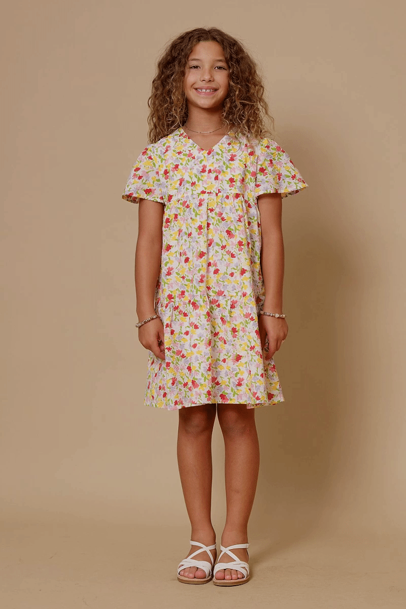 Girls Ditsy Floral V Neck Flutter Sleeve Dress: Off White