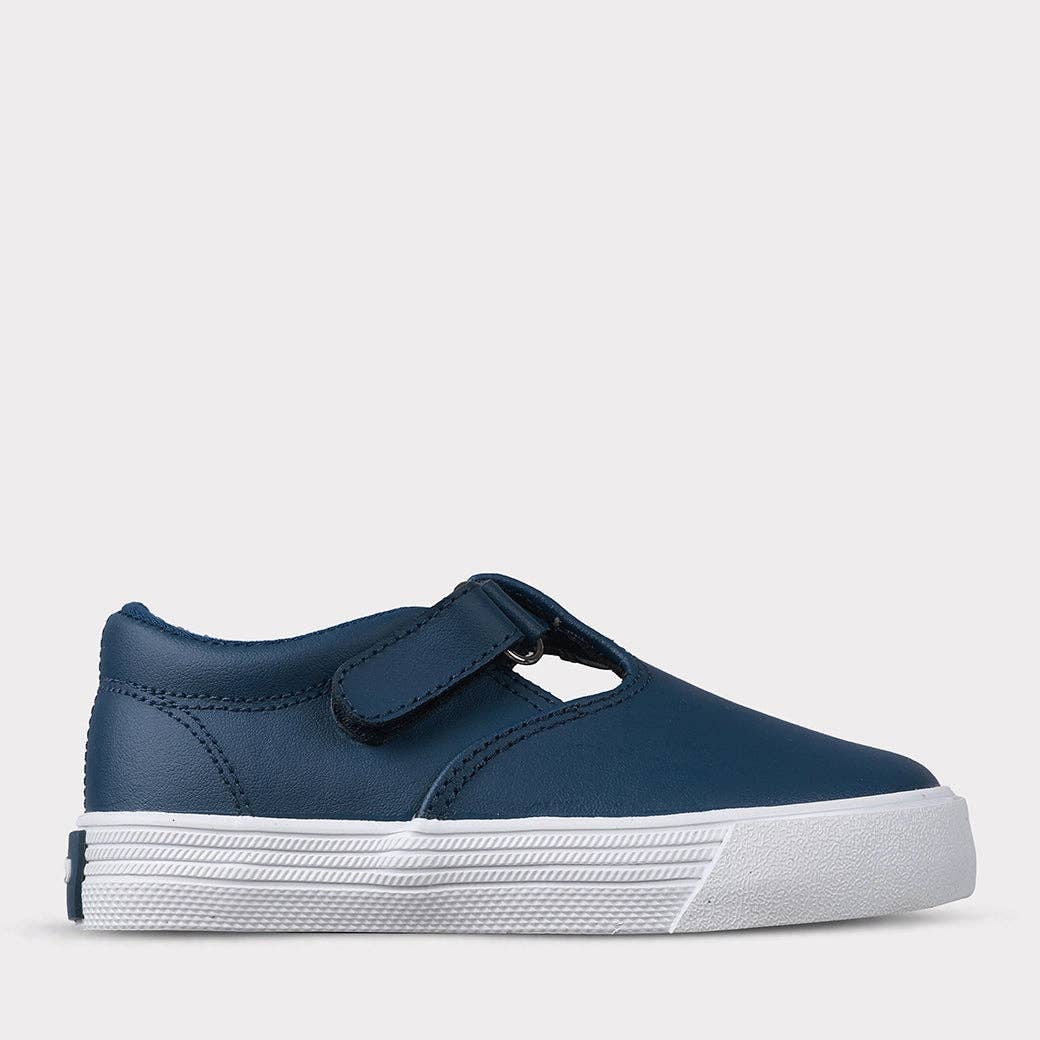 Khloe Girls T-Strap Hook & Loop Shoe: Navy Leather