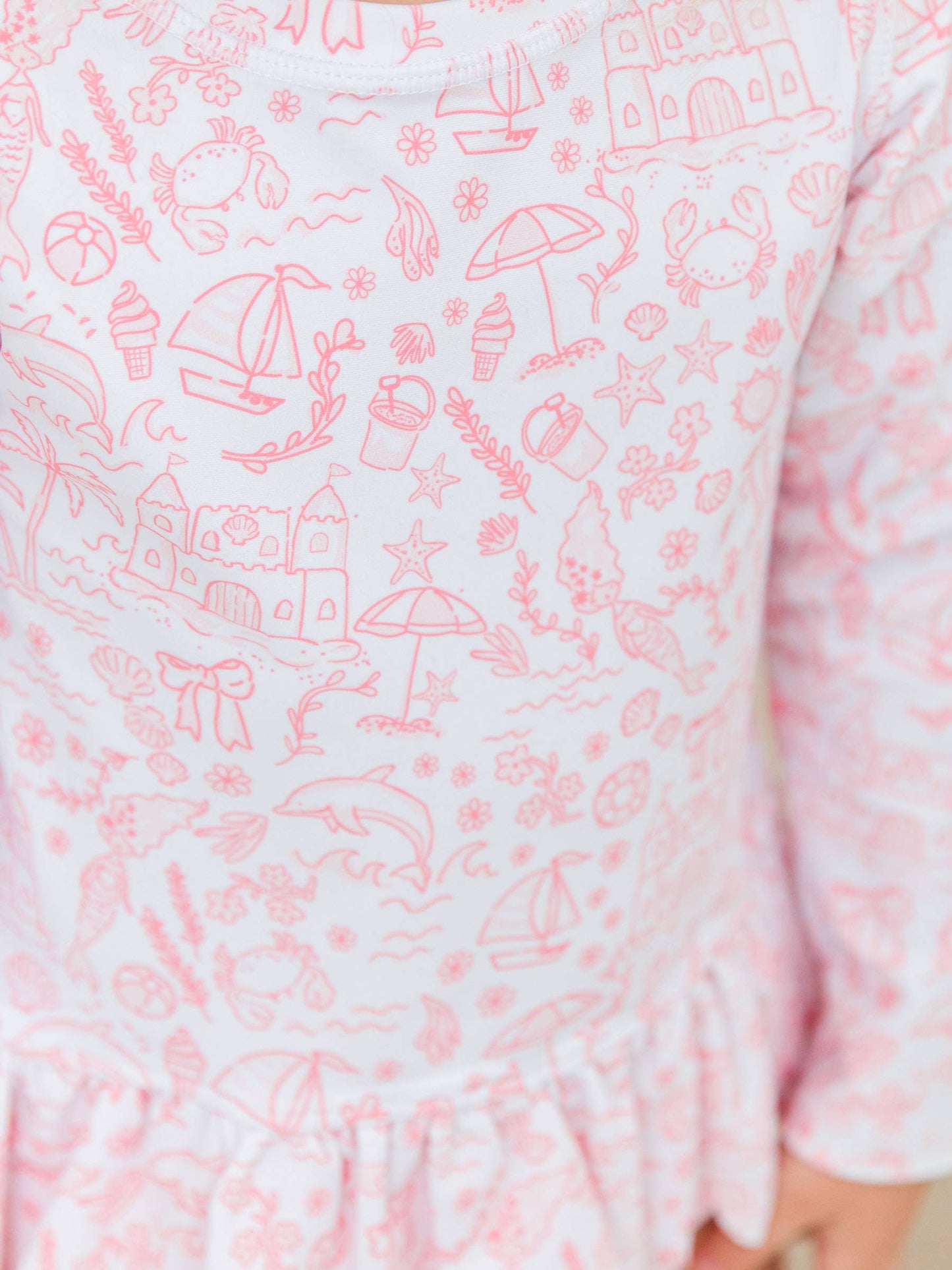 Girls By the Seaside Scallop Hem Long Sleeve Rash Guard 2-Piece Swimsuit with Signature Rear Ruffles