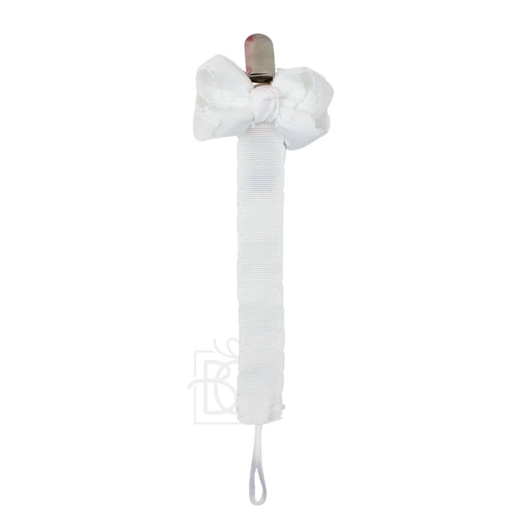 Crochet Edge Grosgrain Pacifier Clip w/ Detachable Bow: White w/ Millennium Blue Crochet Edge