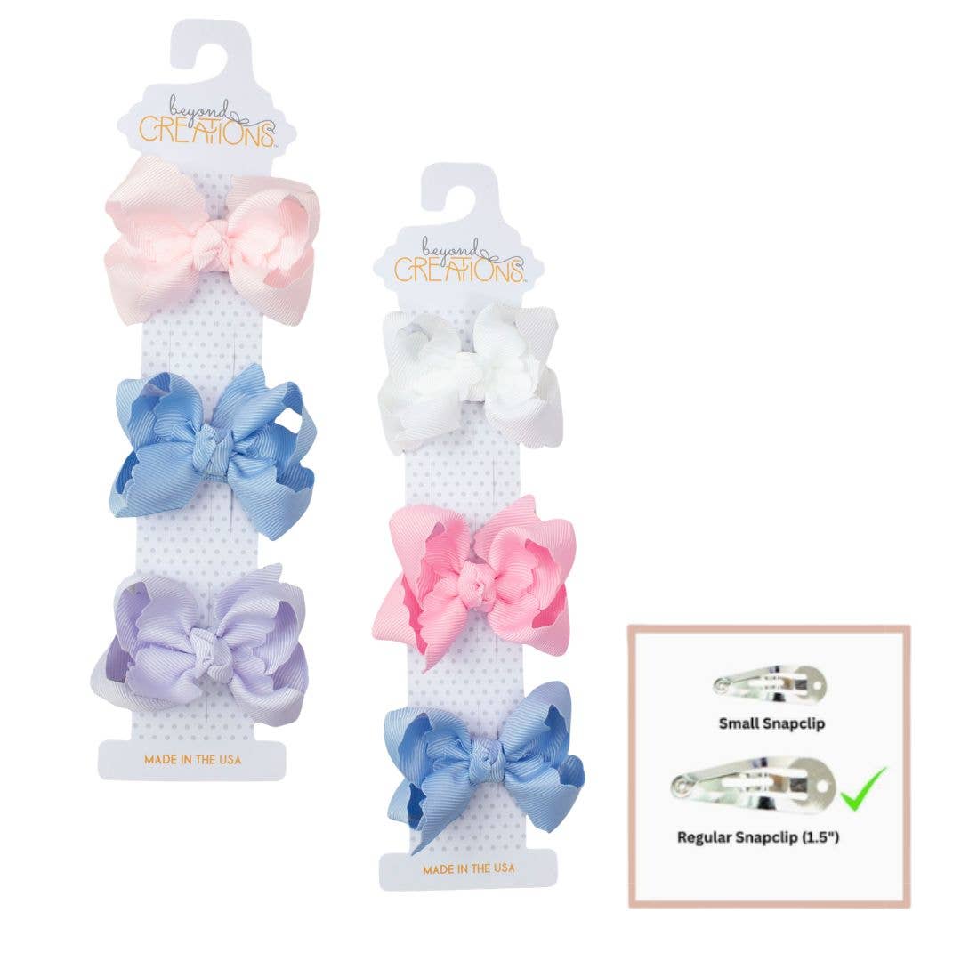 3 PACK - 3" SMALL SCALLOPED EDGE BOW ON SNAP CLIP: Powder Pack - Powder Pink; Powder Blue; Powder Orchid