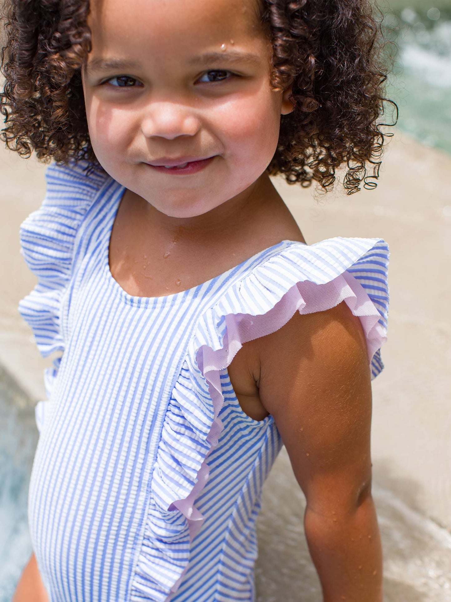 Periwinkle Blue Seersucker Waterfall One Piece Swimsuit