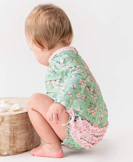 Tea Roses Long Sleeve One Piece Rash Guard Swimsuit with Signature Rear Ruffles