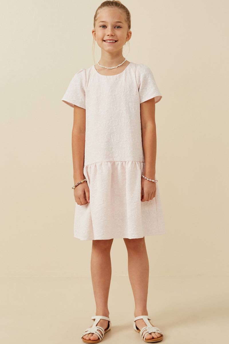 Girls Floral Textured Cap Sleeve Dress: Pink