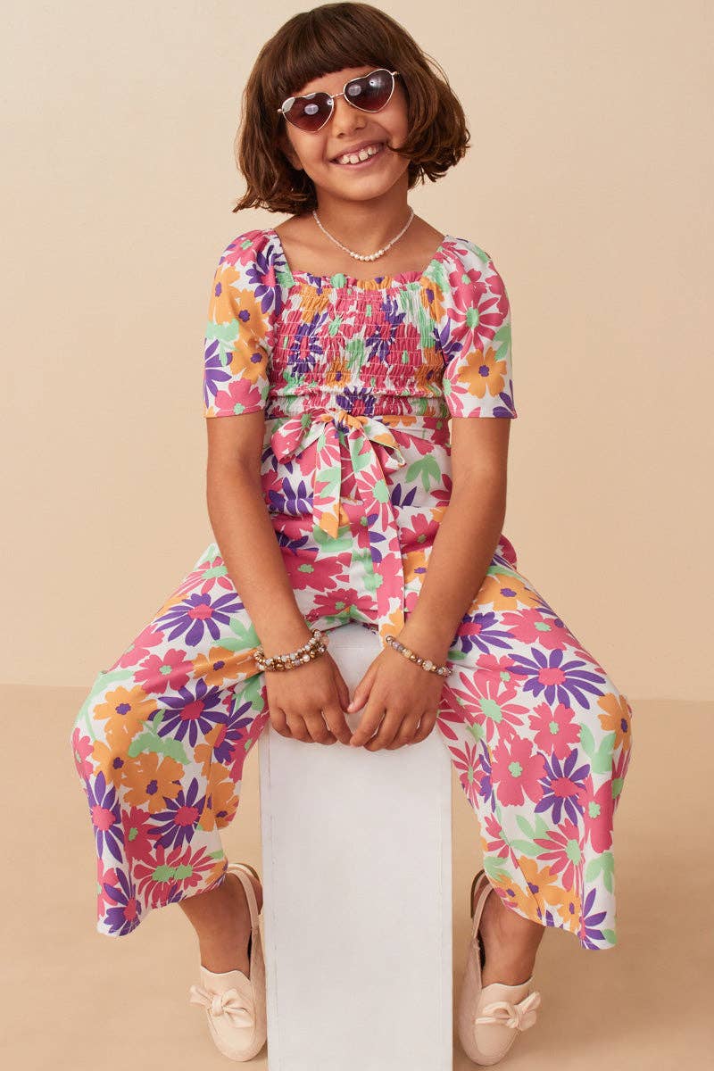 Girls Vivid Floral Self Belt Smocked Jumpsuit