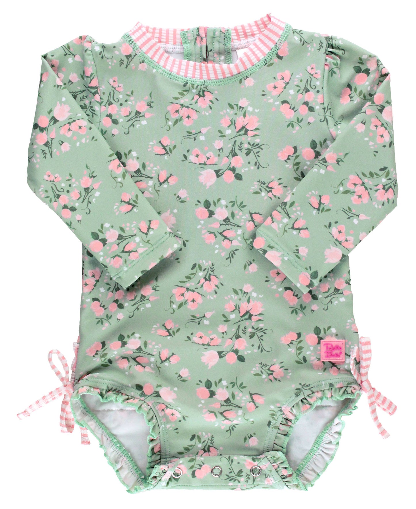 Tea Roses Long Sleeve One Piece Rash Guard Swimsuit with Signature Rear Ruffles