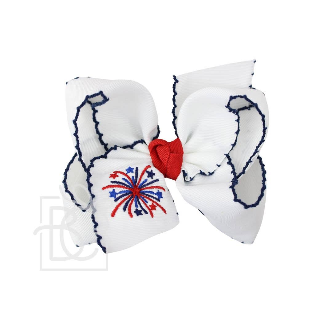 EMBROIDERED PATRIOTIC CROCHET EDGE BOW: 4.5" Large / Fireworks