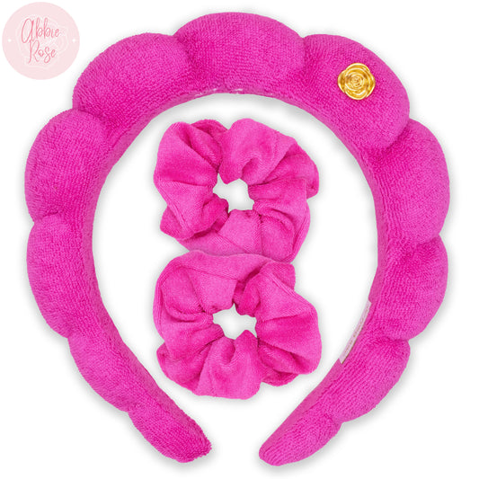Spa Headband - Skincare Headband & Scrunchie Wristband Set: Hot Pink