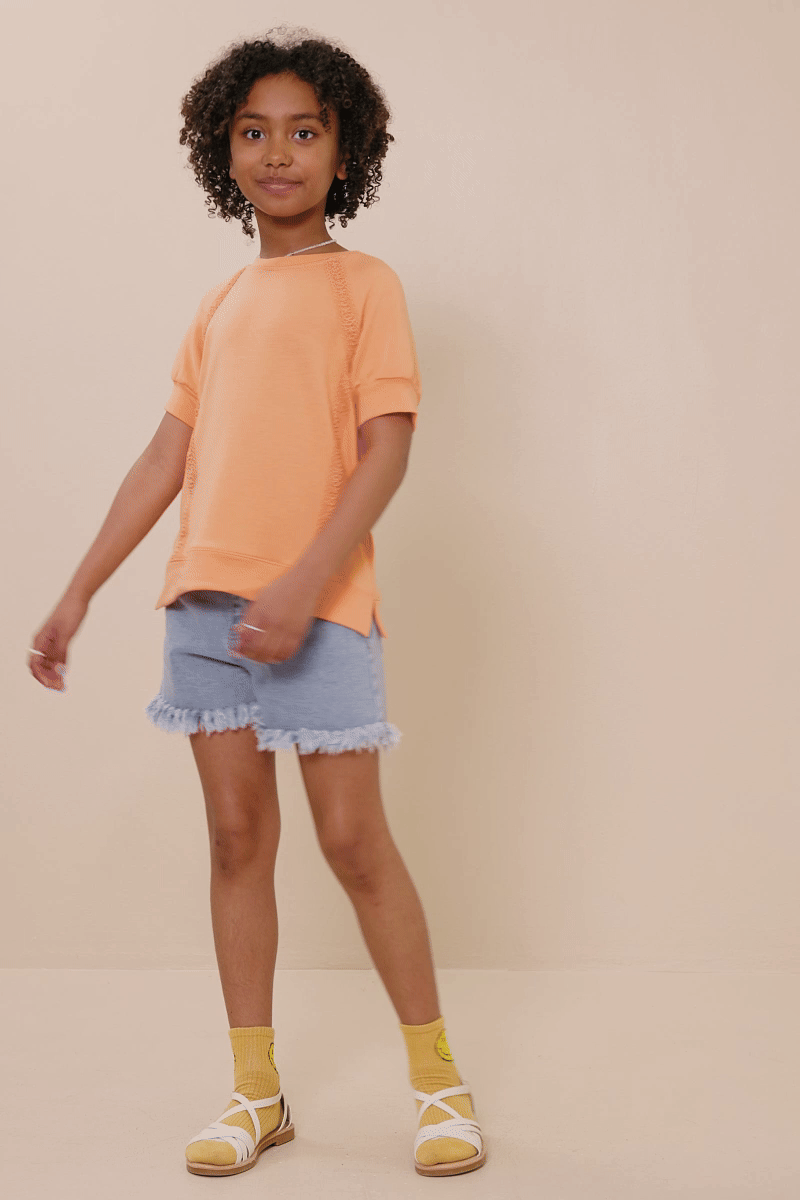 Girls Crochet Lace Trimmed French Terry Raglan Top: Peach