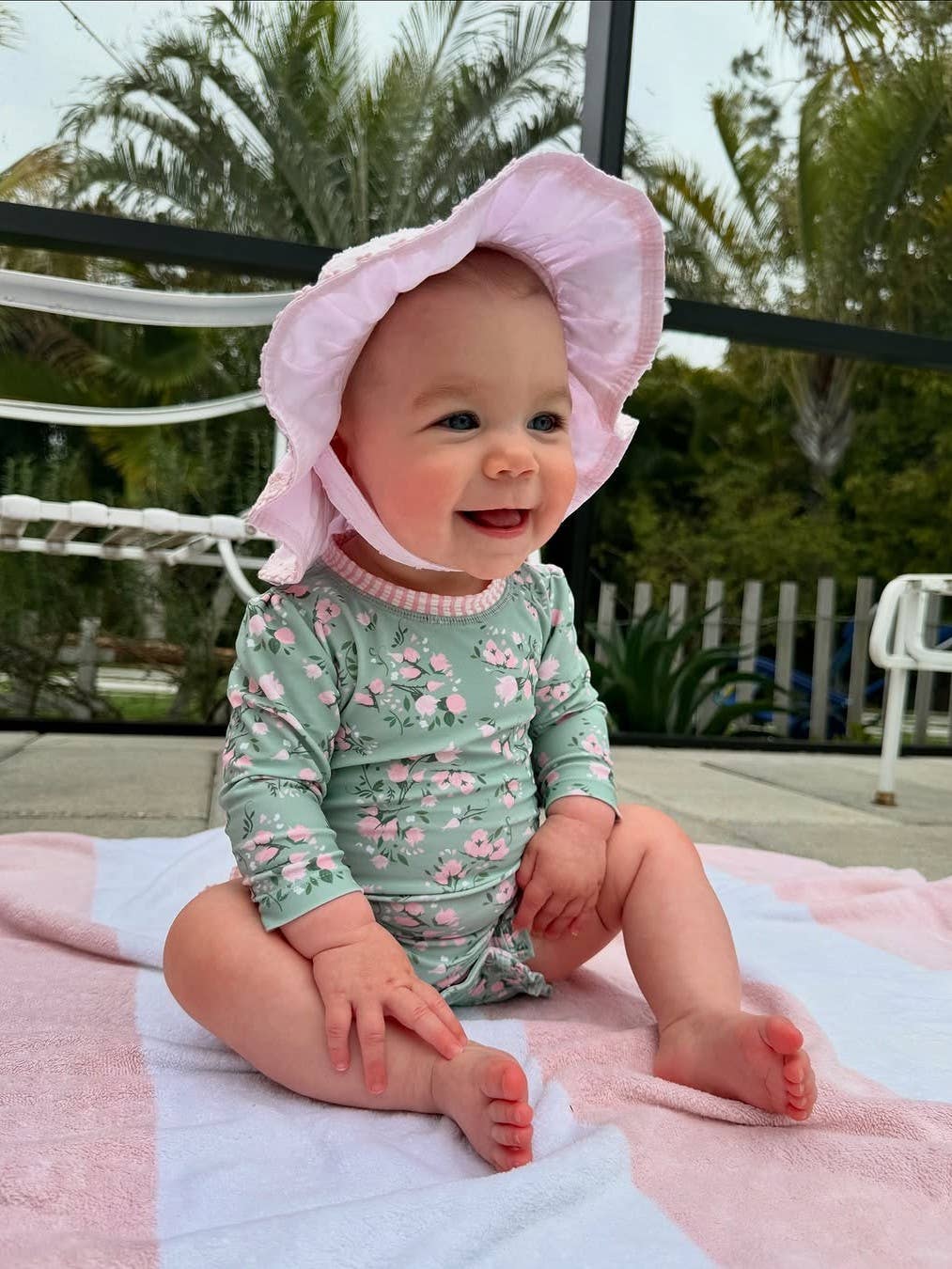 Tea Roses Long Sleeve One Piece Rash Guard Swimsuit with Signature Rear Ruffles